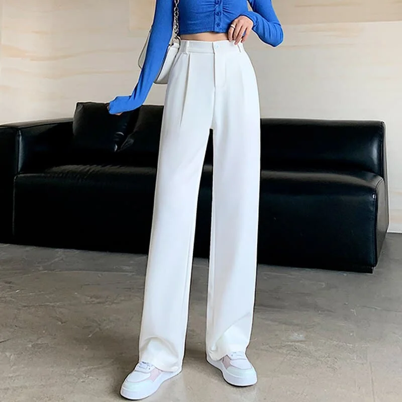DressBetty - Women High Waist Floor-Length Suits Pants Autumn Winter White Loose Wide Leg Pants Female Office Ladies Straight Long Trousers Trousers luxurious high-end