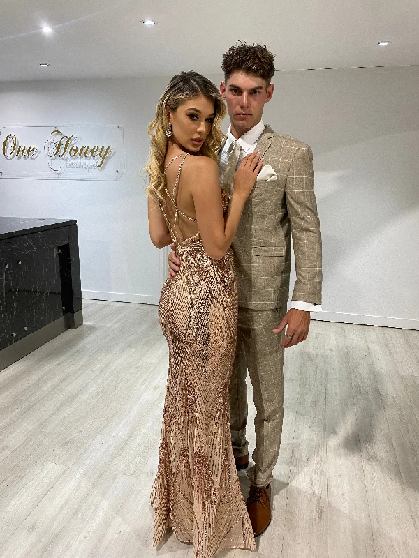 Honey Couture FAYE Gold Sequin Diamante Dress