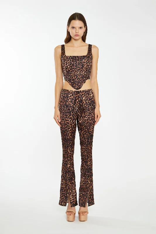 Brown-Leopard Split-Front Flared Trousers Trousers Solid Black