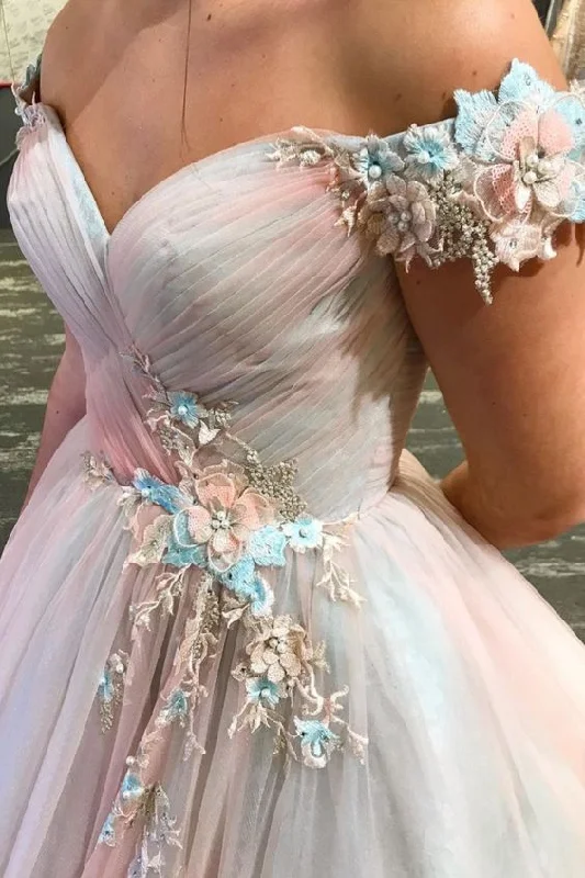Princess Off the Shoulder Pink Long Formal prom Dress with handmade Flowers    cg19571