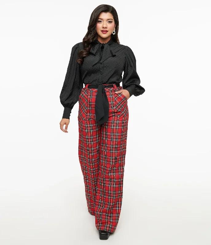 Unique Vintage 1950s Red Plaid Wide Leg Trousers Trousers Leather Faux