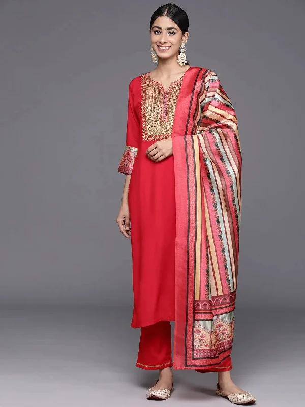 Red Yoke Design Rayon Straight Kurta With Trousers & Dupatta Trousers Prom Sequined