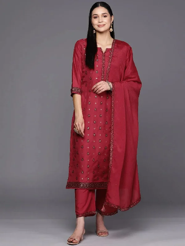 Red Self Design Silk Blend Straight Kurta With Trousers & Dupatta Trousers Winter Warm Red Self Design Silk Blend Straight Kurta With Trousers & Dupatta Trousers Winter Warm