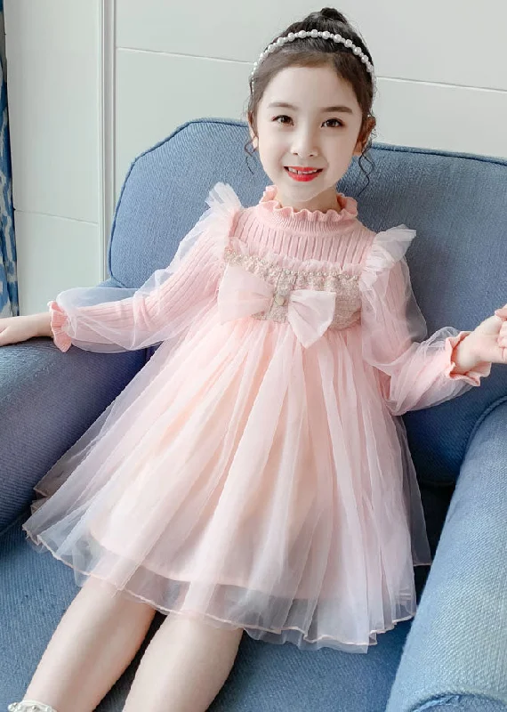 Boho Pink Stand Collar Bow Knit Patchwork Tulle Girls Vacation Maxi Dresses Fall