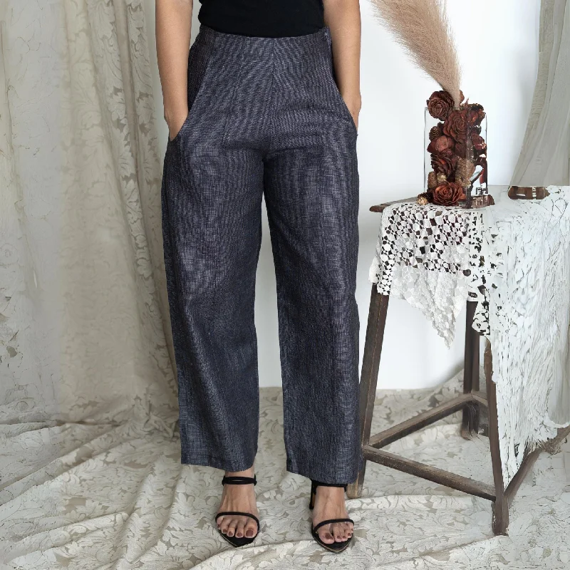 ISHANA Grey Navy Linen Trousers Trousers Sale Discount