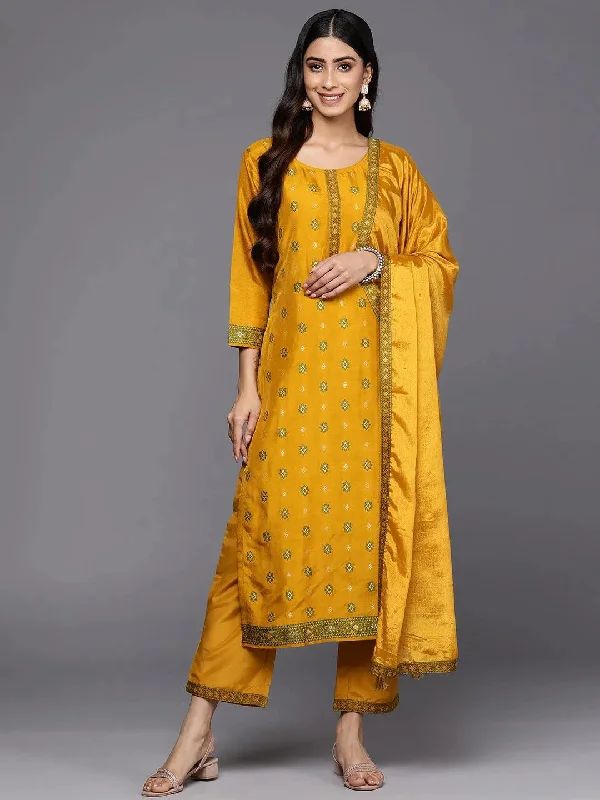 Mustard Self Design Silk Blend Straight Kurta With Trousers & Dupatta Trousers Running Lightweight Mustard Self Design Silk Blend Straight Kurta With Trousers & Dupatta Trousers Running Lightweight