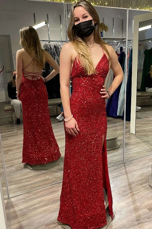 Red Sequin V-Neck Lace-Up Long Prom Dress with Slit