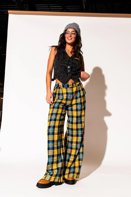 Lovers Lane Plaid Wide Leg Trousers in Yellow *RESTOCKED* Trousers practical easy-care