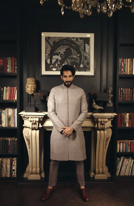 Traditional Embroidered Pakistani Groom Sherwani with Silk Trousers Trousers Seasonal Trendy