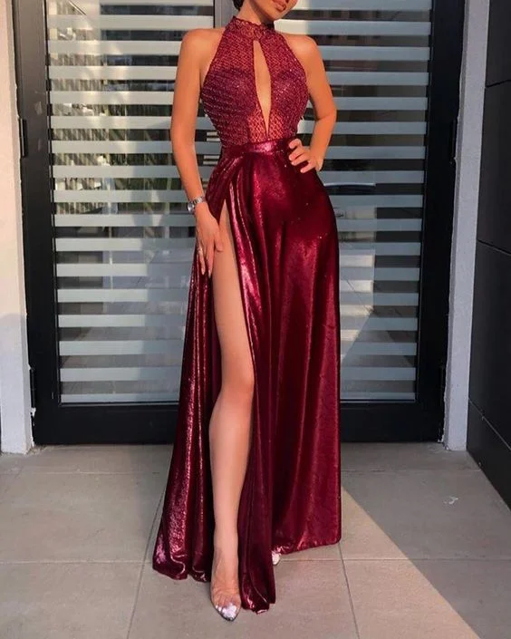 Halter Sleeveless Keyhole Maxi Dress Evening Dress Prom Dress    cg19278