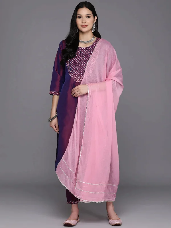 Burgundy Embroidered Silk Blend Straight Kurta With Trousers & Dupatta Wide Leg Loose Fit Mid Waist Burgundy Embroidered Silk Blend Straight Kurta With Trousers & Dupatta Wide Leg Loose Fit Mid Waist