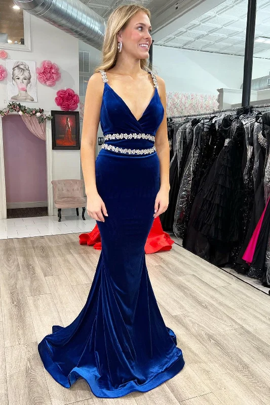 Royal Blue Velvet V-Neck Beaded Strap Mermaid Long Formal Dress