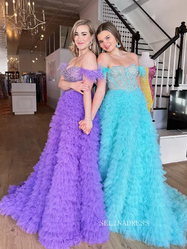 Chic A-line Off-the-shoulder Beaded Long Prom Dresses Feather Long Evening Dress Formal Dresses TKP001 Chic A-line Off-the-shoulder Beaded Long Prom Dresses Feather Long Evening Dress Formal Dresses TKP001