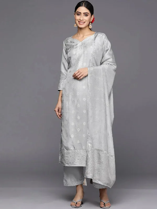 Grey Self Design Silk Blend Straight Kurta With Trousers & Dupatta Trousers Palazzo Wide Leg Grey Self Design Silk Blend Straight Kurta With Trousers & Dupatta Trousers Palazzo Wide Leg