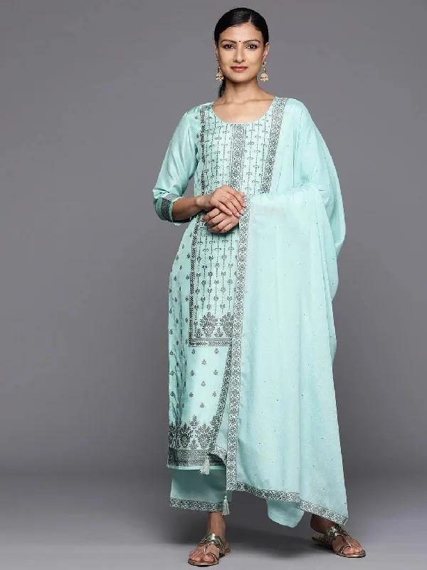 Turquoise Blue Woven Design Silk Blend Straight Kurta With Trousers & Dupatta Trousers Denim Distressed Turquoise Blue Woven Design Silk Blend Straight Kurta With Trousers & Dupatta Trousers Denim Distressed