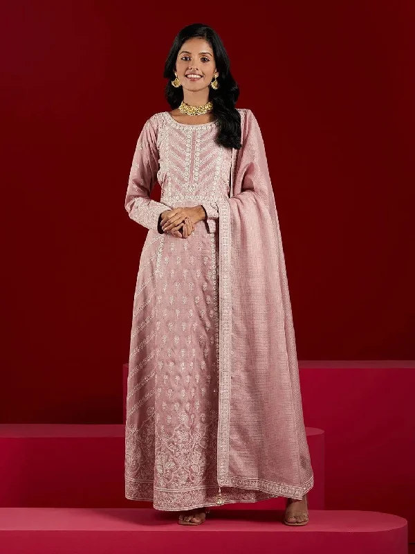 Libas Art Dusty Pink Embroidered Silk A-Line Kurta With Trousers & Dupatta Trousers Culottes Wide Leg Libas Art Dusty Pink Embroidered Silk A-Line Kurta With Trousers & Dupatta Trousers Culottes Wide Leg
