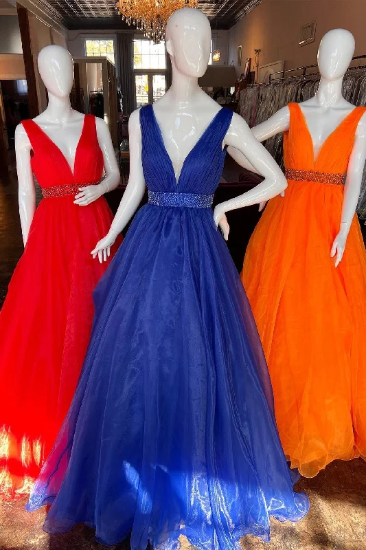 Red Organza Plunge V A-Line Long Formal Dress with Beaded Sash