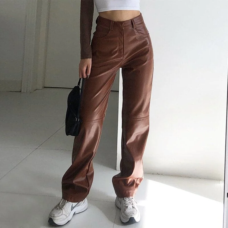 DressBetty - High Waisted PU Leather Pants Women Jogger Casual Fashion Side Pockets Straight Wide Leg Pants Loose Vintage Brown Trousers Trousers cozy soft