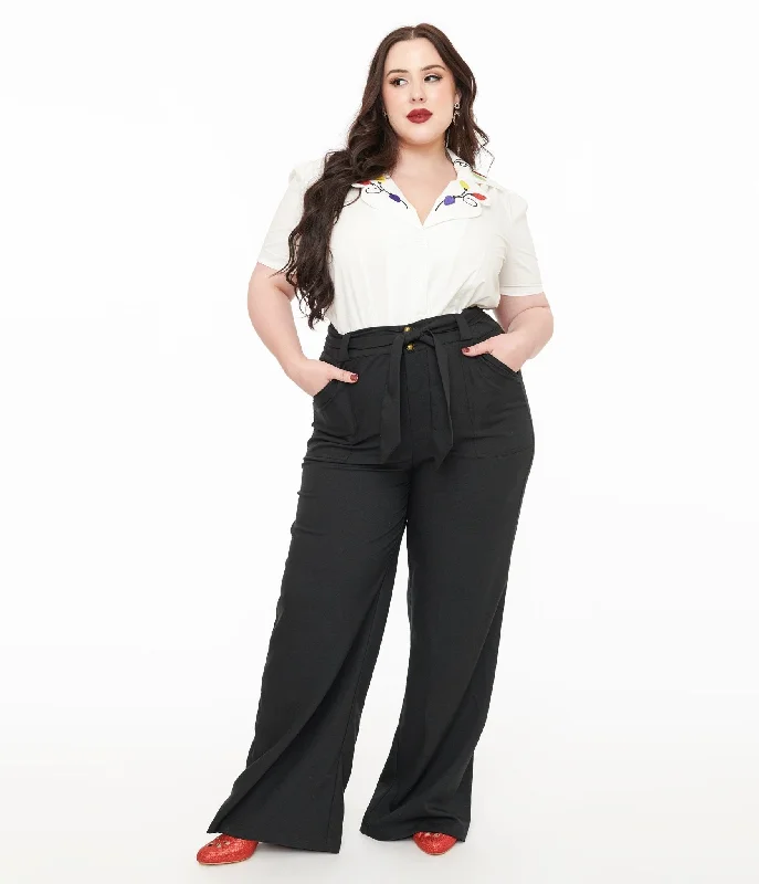 Unique Vintage Plus Size 1950s Black Wide Leg Trousers Trousers Velvet Soft