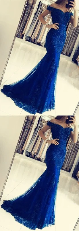 Royal blue mermaid v neck prom dresses lace Evening Gowns   cg19423