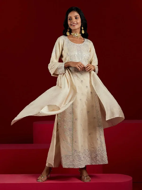 Libas Art Cream Embroidered Silk Blend A-Line Kurta With Trousers & Dupatta Trousers Print Floral Libas Art Cream Embroidered Silk Blend A-Line Kurta With Trousers & Dupatta Trousers Print Floral
