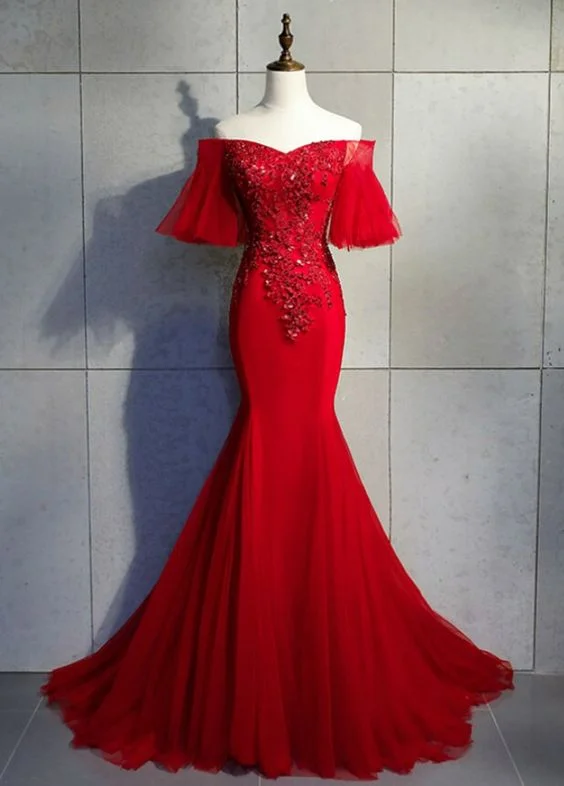 Mermaid Tulle Off the Shoulder Beading Sequins Prom Dress   cg19419