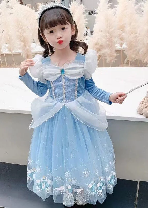 Fine Blue Wrinkled Cartoon Patchwork Tulle Kids Girls Princess Dress Fall