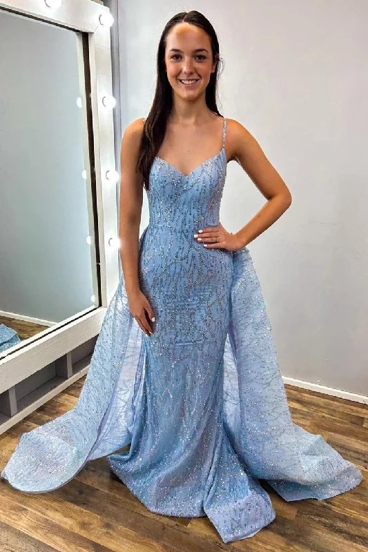 Blue Sequin Lace V-Neck Long Formal Dress with Attached Train