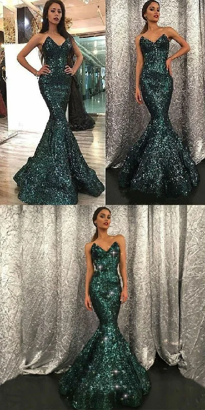 Mermaid Sweetheart Sweep Train Green Sequined Prom Dress,Sparkle Mermaid Evening Prom Dresses   cg19361