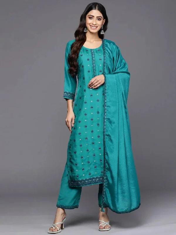 Turquoise Blue Self Design Silk Blend Straight Kurta With Trousers & Dupatta Trousers Bridal Satin Turquoise Blue Self Design Silk Blend Straight Kurta With Trousers & Dupatta Trousers Bridal Satin