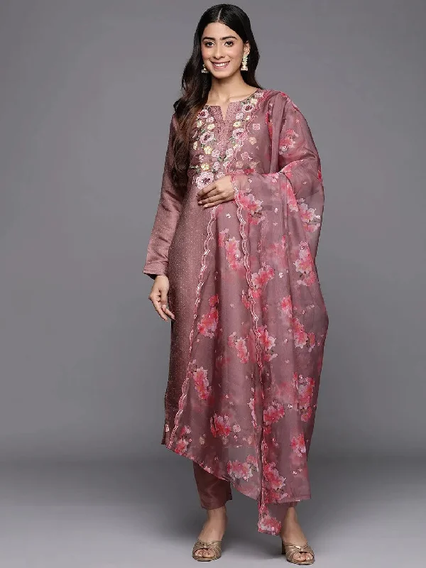 Mauve Yoke Design Silk Blend Straight Kurta With Trousers & Dupatta Trousers Velvet Soft Mauve Yoke Design Silk Blend Straight Kurta With Trousers & Dupatta Trousers Velvet Soft