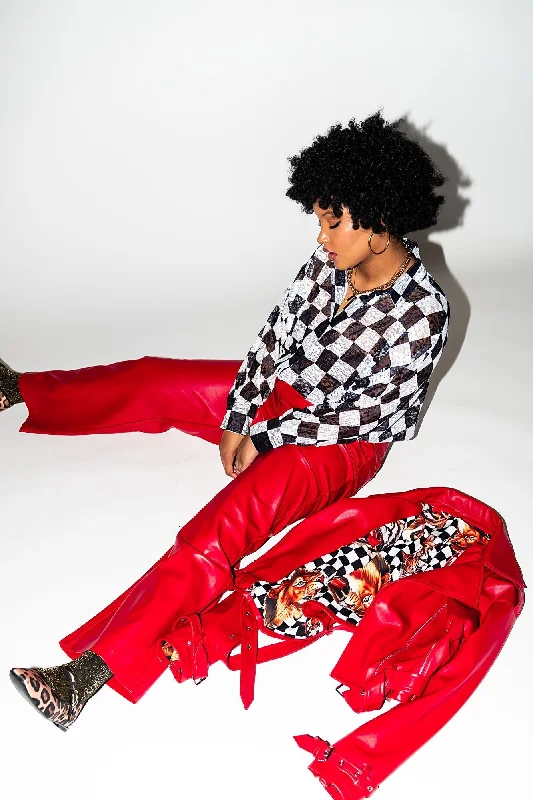Told My Mom About You Buttery Soft Vegan Leather Trousers in Cherry Red Trousers Low Rise Relaxed