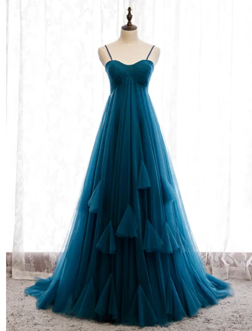 Blue Tulle Spagehtti Straps High Waist Pleats Prom Dress    cg19219