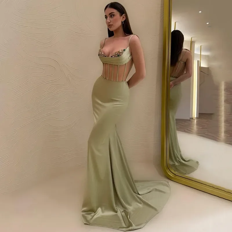 New Charming Light Green Sweetheart Mermaid Prom Party Dress Satin Spaghetti Strap Open Back Evening Dresses Vestidos de noche New Charming Light Green Sweetheart Mermaid Prom Party Dress Satin Spaghetti Strap Open Back Evening Dresses Vestidos de noche