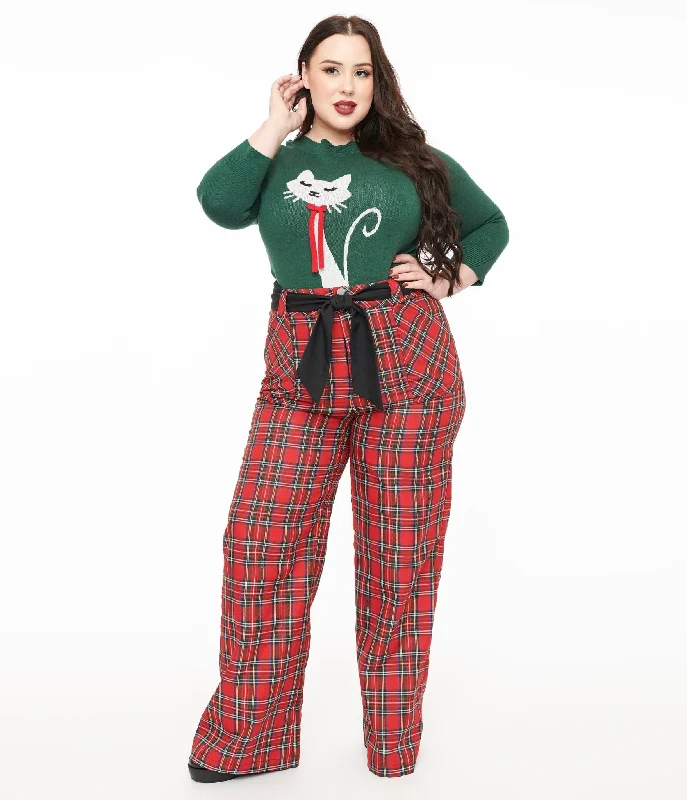 Unique Vintage Plus Size 1950s Red Plaid Wide Leg Trousers Trousers Denim Blue