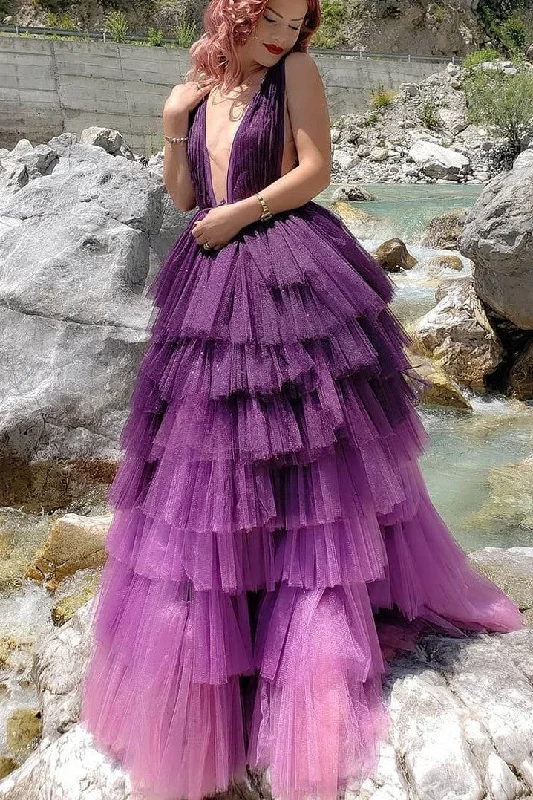 Purple Tiered Tulle Skirt Prom Dresses Deep V-neckline   cg19385