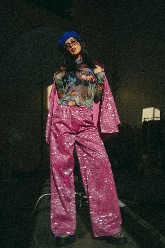 To The Disco Sparkle Wide Leg Trouser in Pink Trousers cozy soft