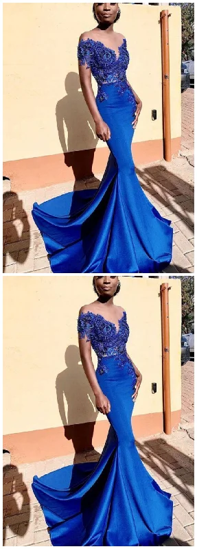 Mermaid Beading Appliques Royal Blue Prom Dresses    cg19515