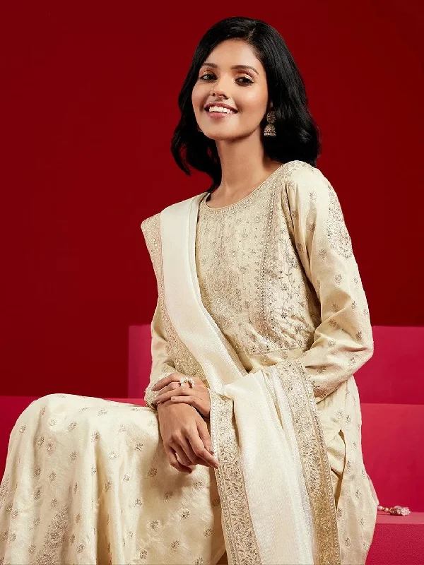 Libas Art Beige Embroidered Silk A-Line Kurta With Trousers & Dupatta Trousers Bootcut Casual Libas Art Beige Embroidered Silk A-Line Kurta With Trousers & Dupatta Trousers Bootcut Casual