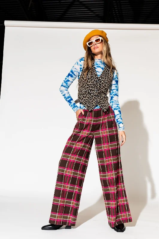 Lovers Lane Plaid Wide Leg Trousers in Pink Trousers High Rise Slim Fit