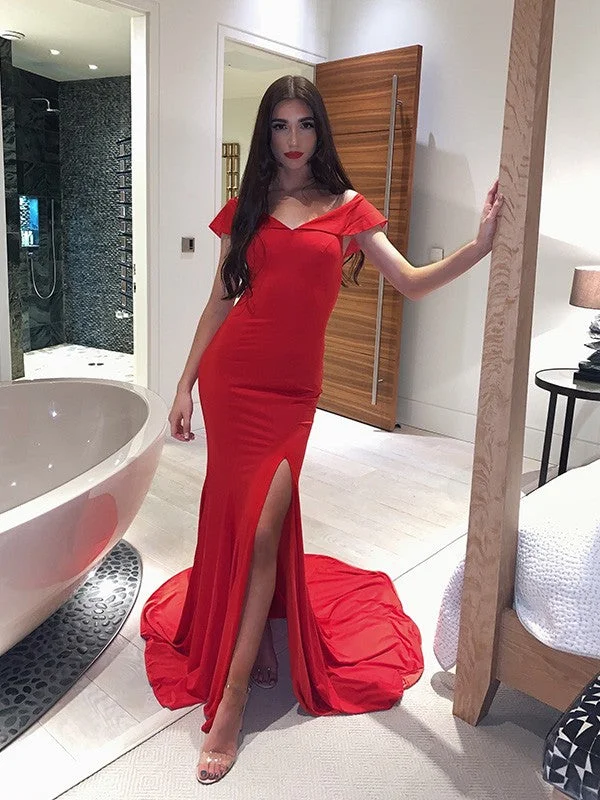 Sheath/Column Spandex Ruched Off-the-Shoulder Sleeveless Court Train Dresses Prom Dress cg19524 Sheath/Column Spandex Ruched Off-the-Shoulder Sleeveless Court Train Dresses Prom Dress cg19524