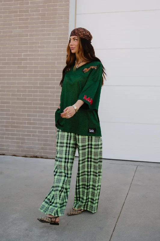 Rebel Road Plaid Wide Leg Trousers in Lime Skinny Trousers Denim Stretchy