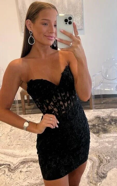 Strapless Black Leaf Lace Fitted Homecoming Dress with Sheer Corset Bodice