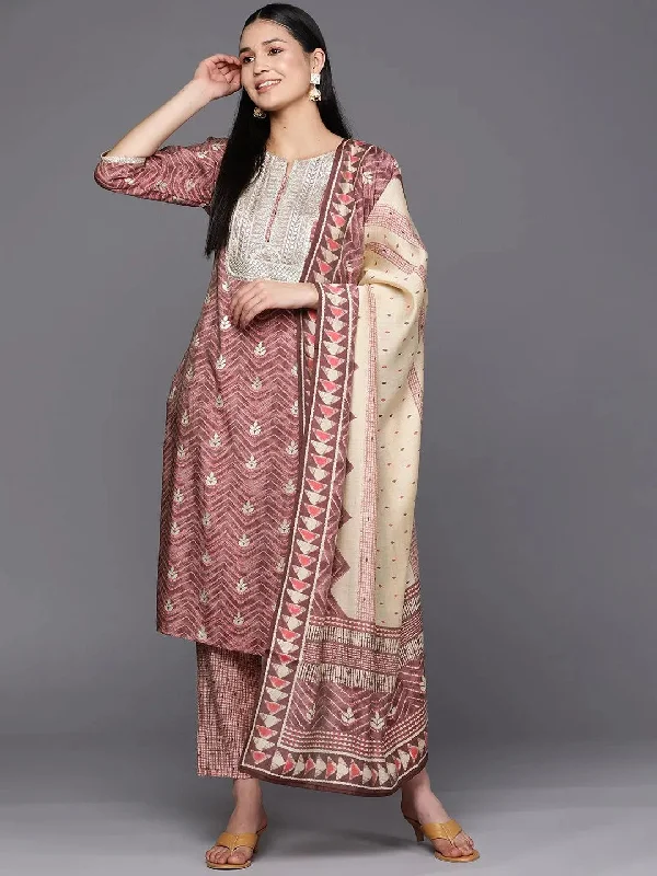 Mauve Yoke Design Silk Blend Straight Kurta With Trousers & Dupatta Trousers Canvas Durable Mauve Yoke Design Silk Blend Straight Kurta With Trousers & Dupatta Trousers Canvas Durable