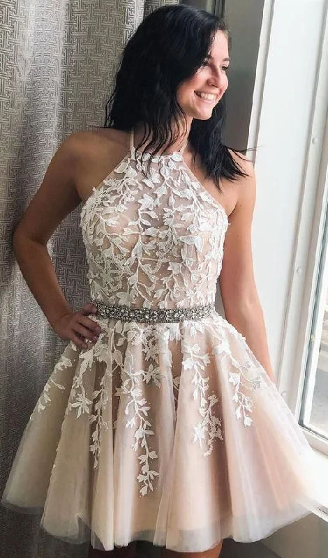 Homecoming Dress Halter Neckline, Short Prom Dress ,Back To School Party Dress