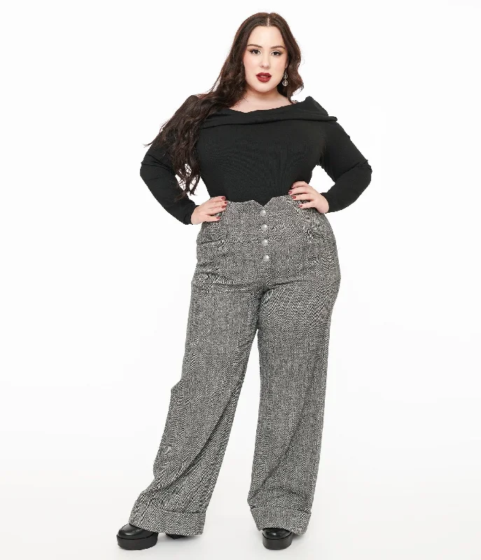 Unique Vintage Plus Size 1940s Grey Herringbone Buttoned Wide Leg Trousers Trousers Satin Smooth Unique Vintage Plus Size 1940s Grey Herringbone Buttoned Wide Leg Trousers Trousers Satin Smooth
