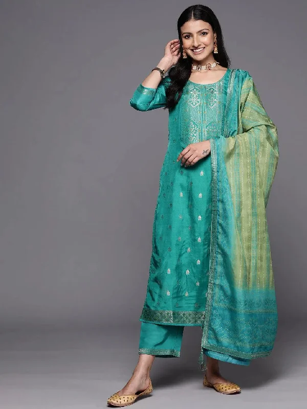 Green Self Design Silk Blend Straight Kurta With Trousers & Dupatta Trousers practical easy-care Green Self Design Silk Blend Straight Kurta With Trousers & Dupatta Trousers practical easy-care
