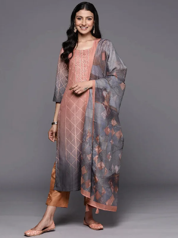 Peach Yoke Design Silk Blend Straight Kurta With Trousers & Dupatta Trousers fashionable chic Peach Yoke Design Silk Blend Straight Kurta With Trousers & Dupatta Trousers fashionable chic