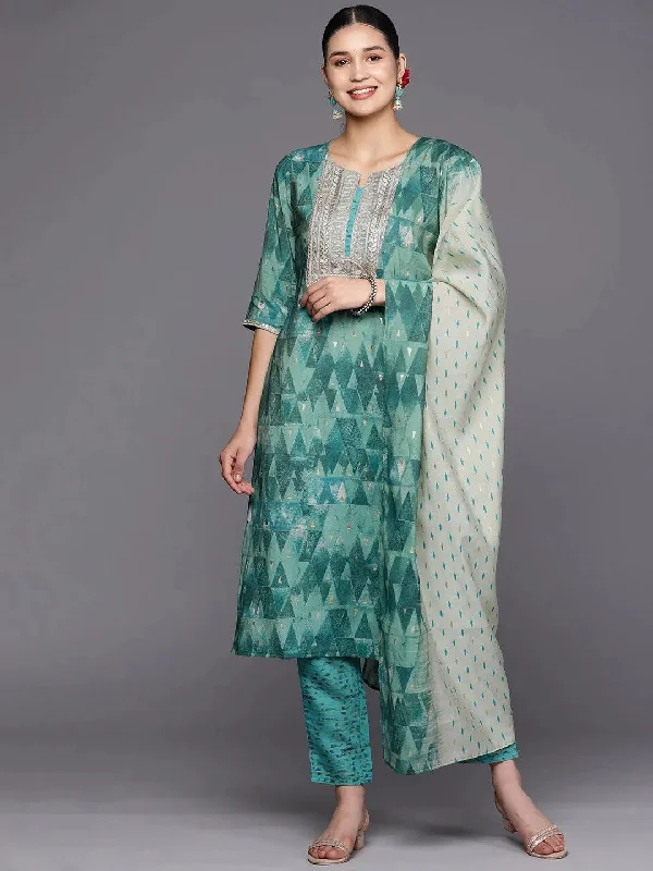 Teal Yoke Design Silk Blend Straight Kurta With Trousers & Dupatta Trousers Business Professional Teal Yoke Design Silk Blend Straight Kurta With Trousers & Dupatta Trousers Business Professional