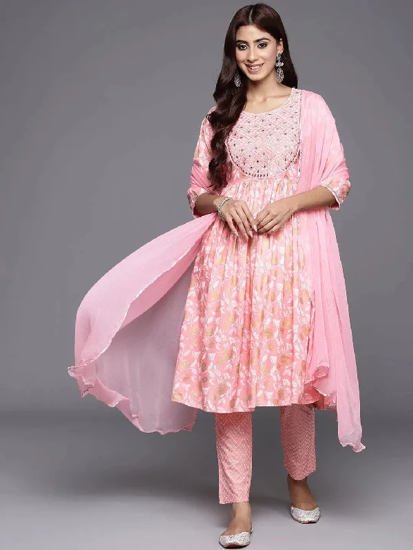Pink Yoke Design Rayon A-Line Kurta With Trousers & Dupatta Trousers Capri Summer